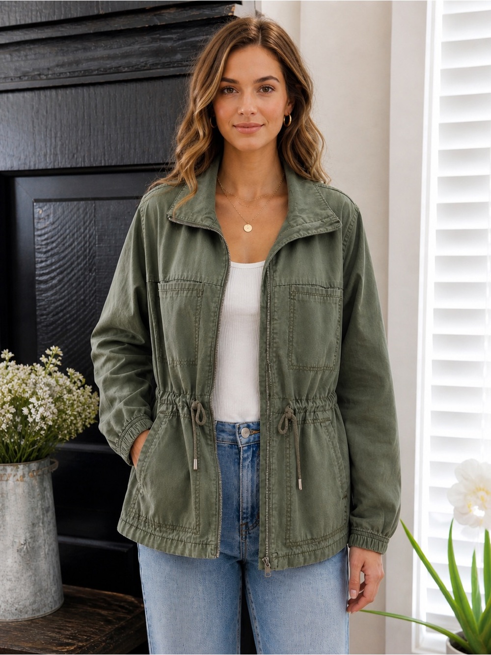 Large Old Navy Olive Green Drawstring Waist Utility Jacket Military